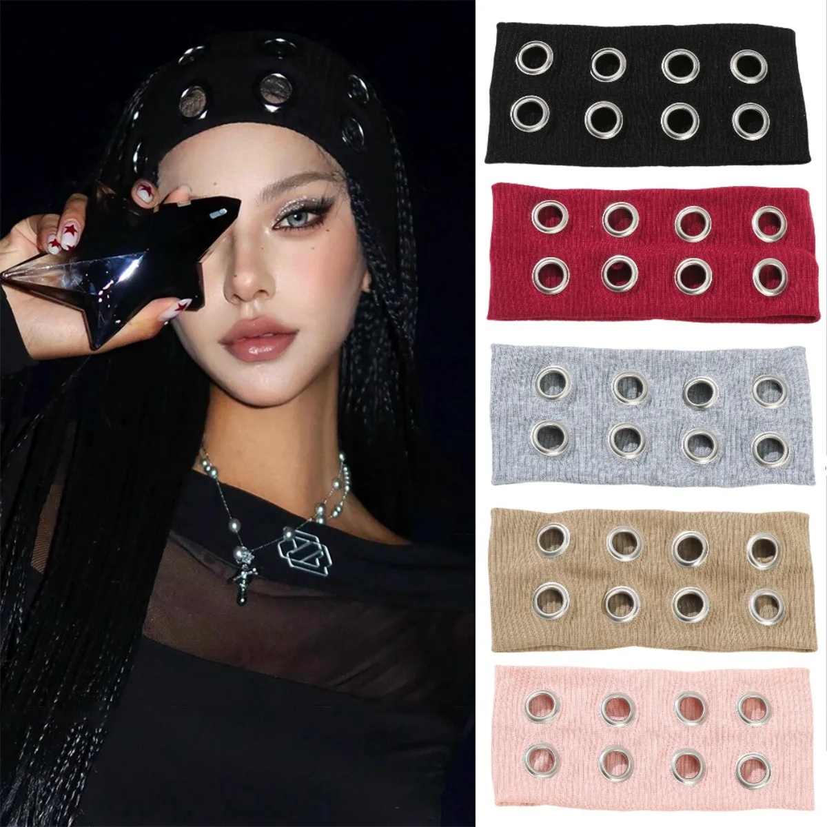 

1PCS Ladies' hollow Circular Hole Elastic Headband Y2K Fashion Punk Headband Elastic Yoga Sports Headband with Eyelets Design Su