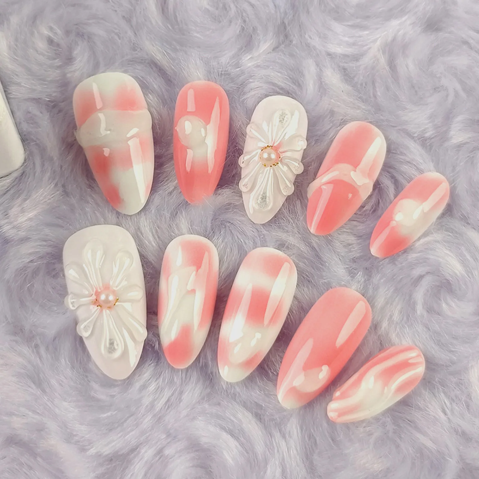 Handmade Almond False Nails Pink Smudge 3D Flower Pearl Decor Press On Nails Romantic Europe Wearable Fake Nail Tips 10pcs