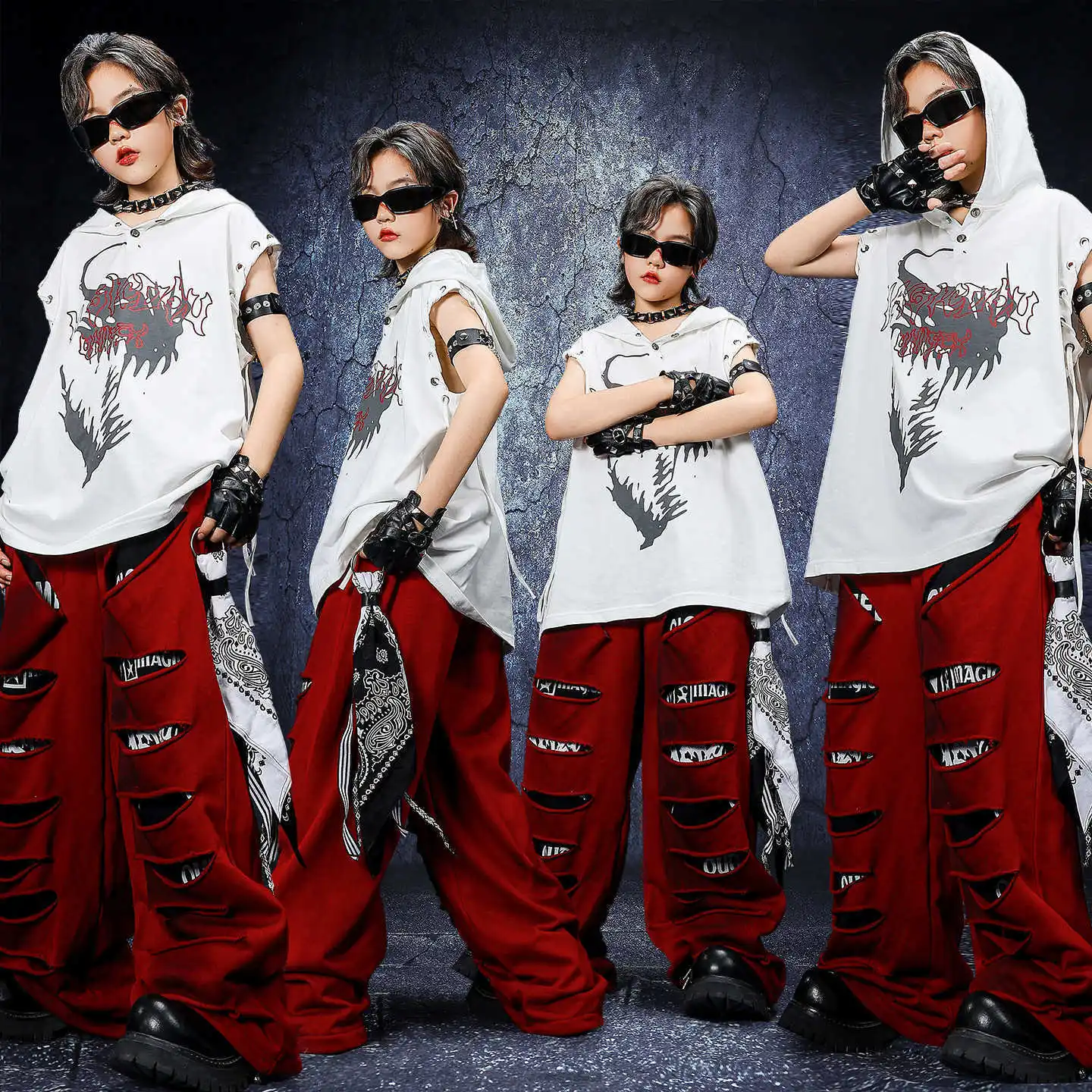 

Крутые толстовки в стиле хип-хоп для мальчиков, рваные штаны для девочек, топ на бретелях с капюшоном K-pop, уличная одежда, детские костюмы для уличных танцев, комплекты детской джазовой одежды