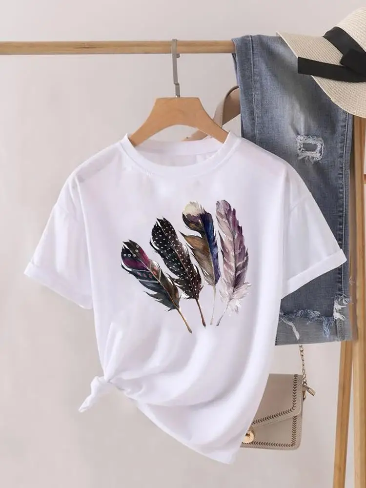 

Feather Lovely Style Cute Short Sleeve Clothing Fashion Print Women O-neck Clothes Lady Top Female Shirt Tee Graphic T-shirt