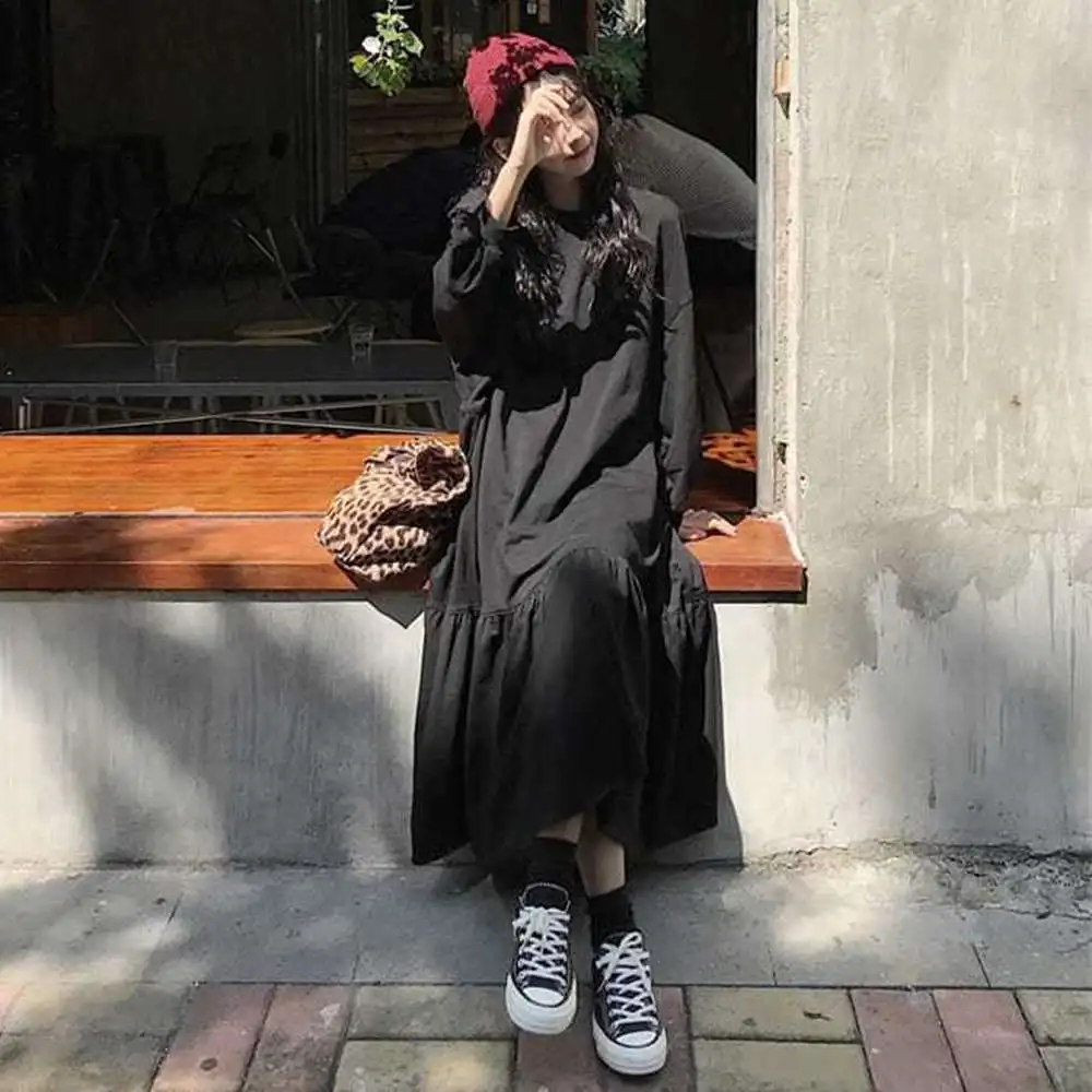 Plus Size 5XL 150KG Autumn Long Dress Black Long Sleeve O Collar Loose Waist Female Oversized Long Sleeve Party Evening Dress