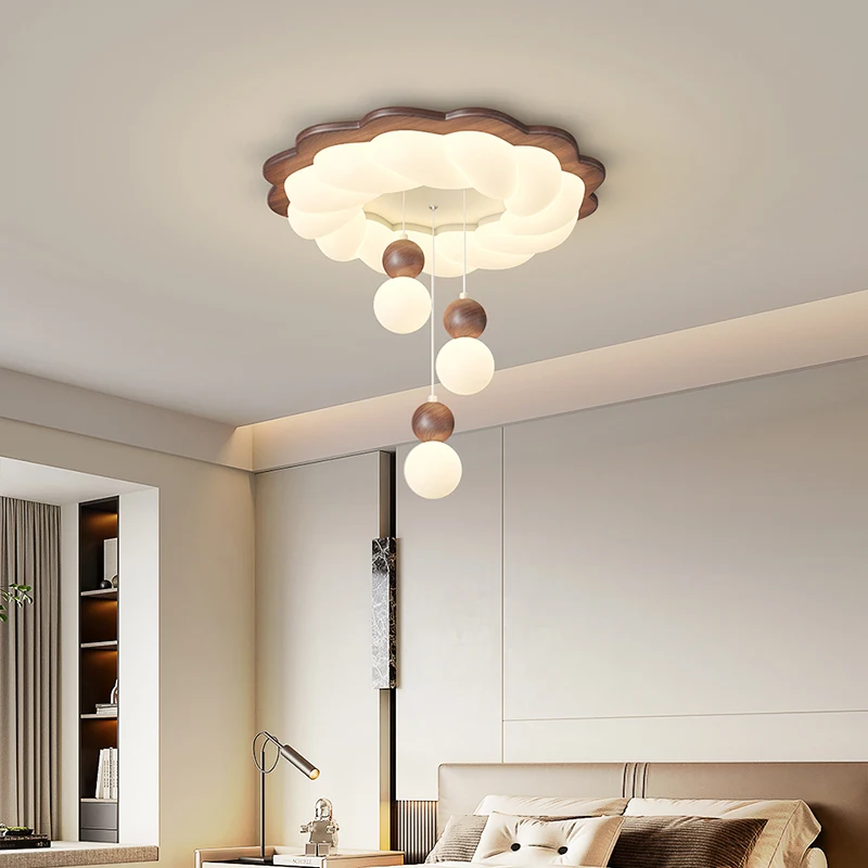 Antique-style Walnut Wood  Led Chandelier Cream Cloud Bedroom Lamp Full-spectrum Eye-friendly Lighting For Children's Rooms