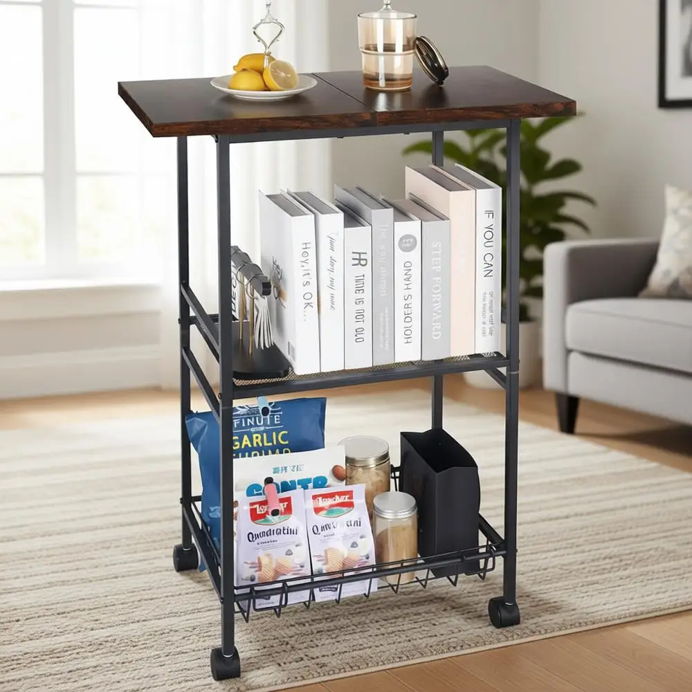 

Rustic Wooden Top Industrial Kitchen Cart, Rolling Utility Table with Metal Frame and Mesh Baskets, Mobile Workstation on Wheels
