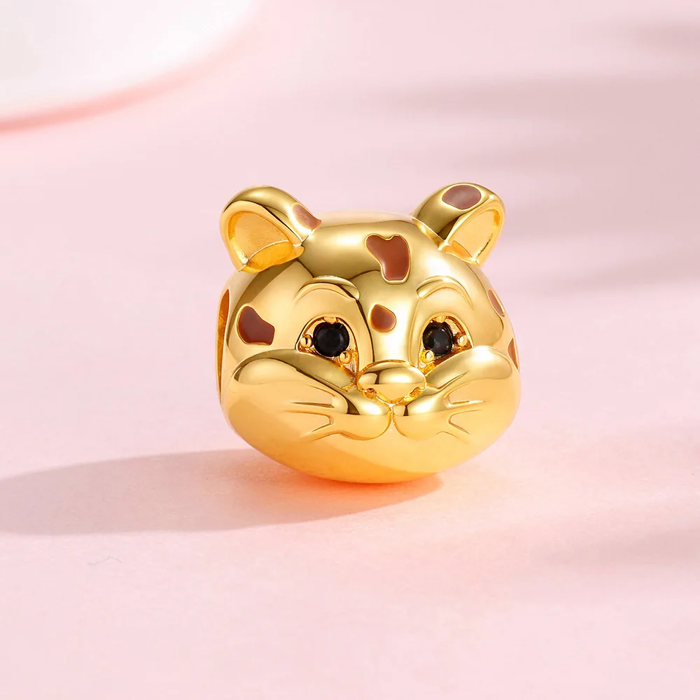 New 925 Sterling Silver Charms Golden Chubby Leopard Head Pendant Jewelry Making For Classic Bracelet Ladies DIY Gifts