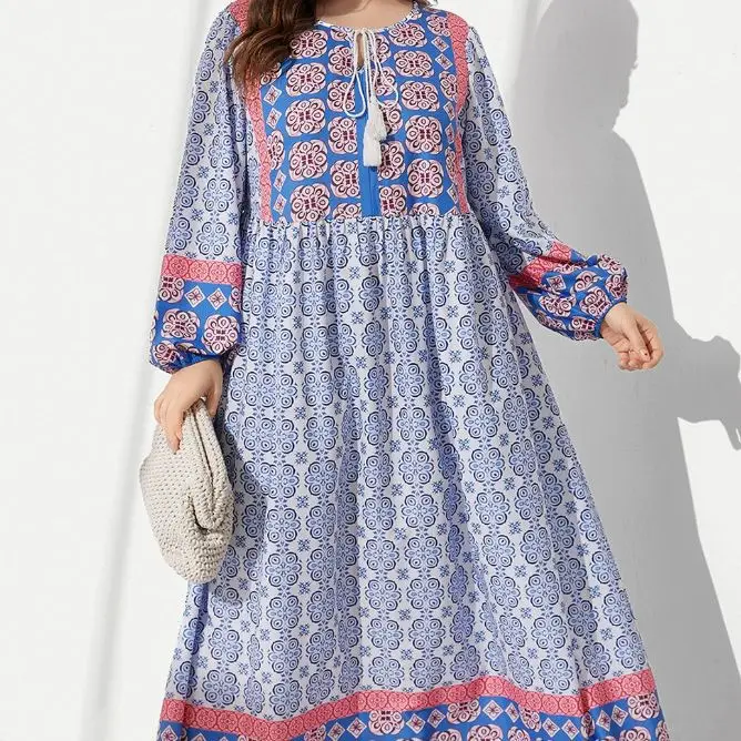 Women Dresses Lantern Sleeve O Neck Pullover Print Party Dress High Street Vestidos Loose Fit Draw String Slight Strech