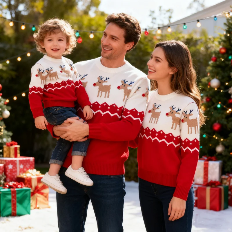 2026 New Family Knitted Wool Sweater for Dad Mom Daughter Son Christmas Party Clothing Adult Kids Cartoon Print Pullover Tops