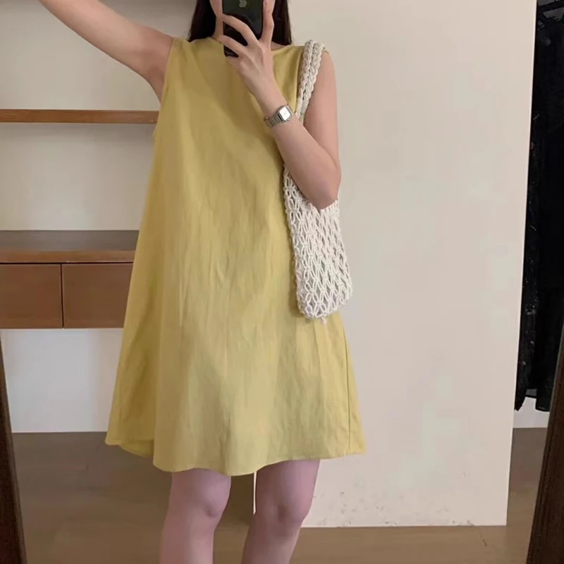 Korean Fashion Sexy Hollow Sleeveless Simple Casual Dresses for Women 2024 Summer Vacation Solid O Neck Loose Beach Mini Dress