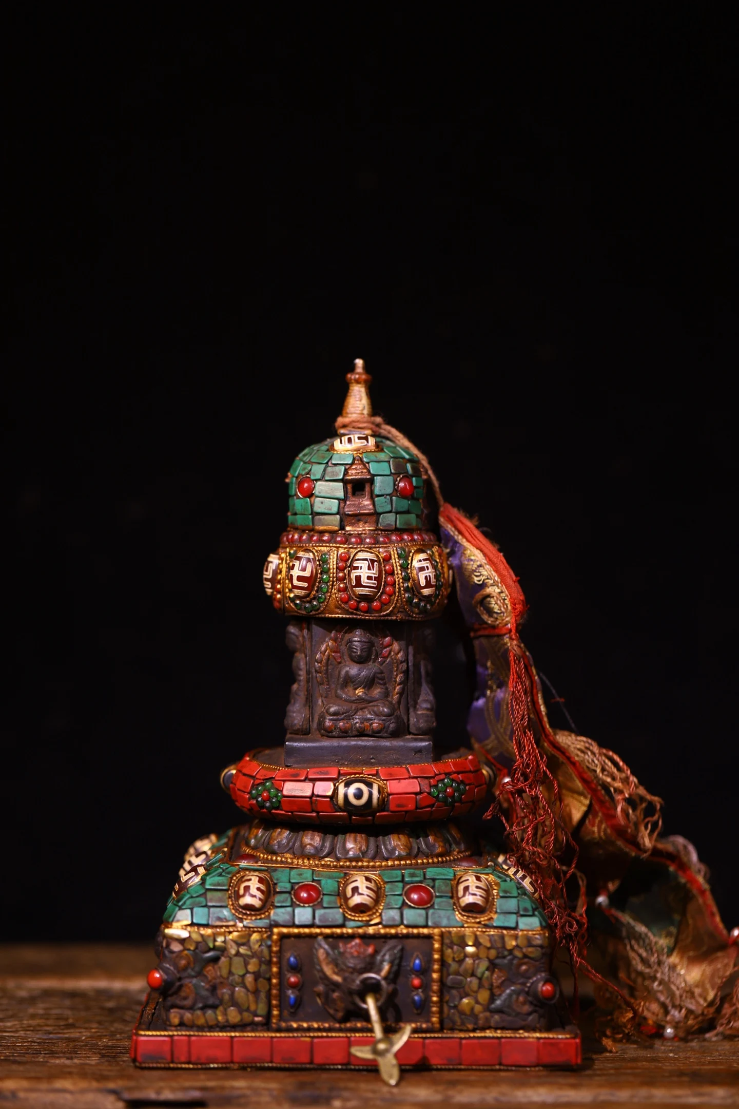Old Bronze Mosaic Gem gZi Beads Turquoise Four sided Shakyamuni Buddha Amitabha Buddha Pagoda stupa Worship Hall Town house