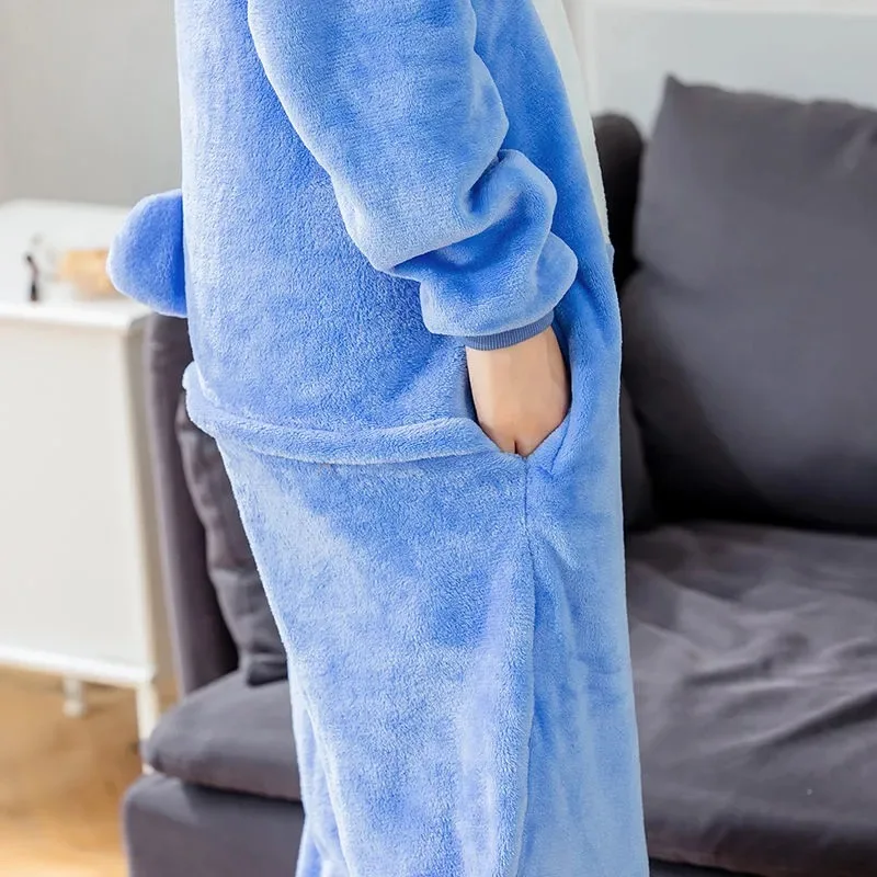 Anime Stitch Family Look kostiumy Cosplay kobiety mężczyźni kombinezon kreskówkowy dorośli śliczna flanelowa piżama z kapturem Onesie świąteczna sukienka