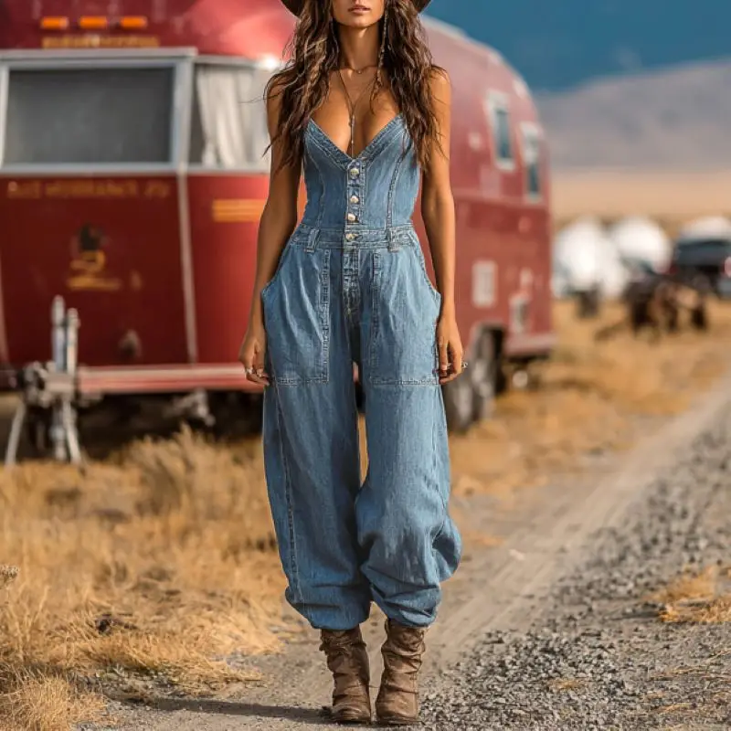 

2025 Western Cowboy Denim Jumpsuit for Women, Casual Outdoor Overalls Trousers with Pockets, Plus Size Available