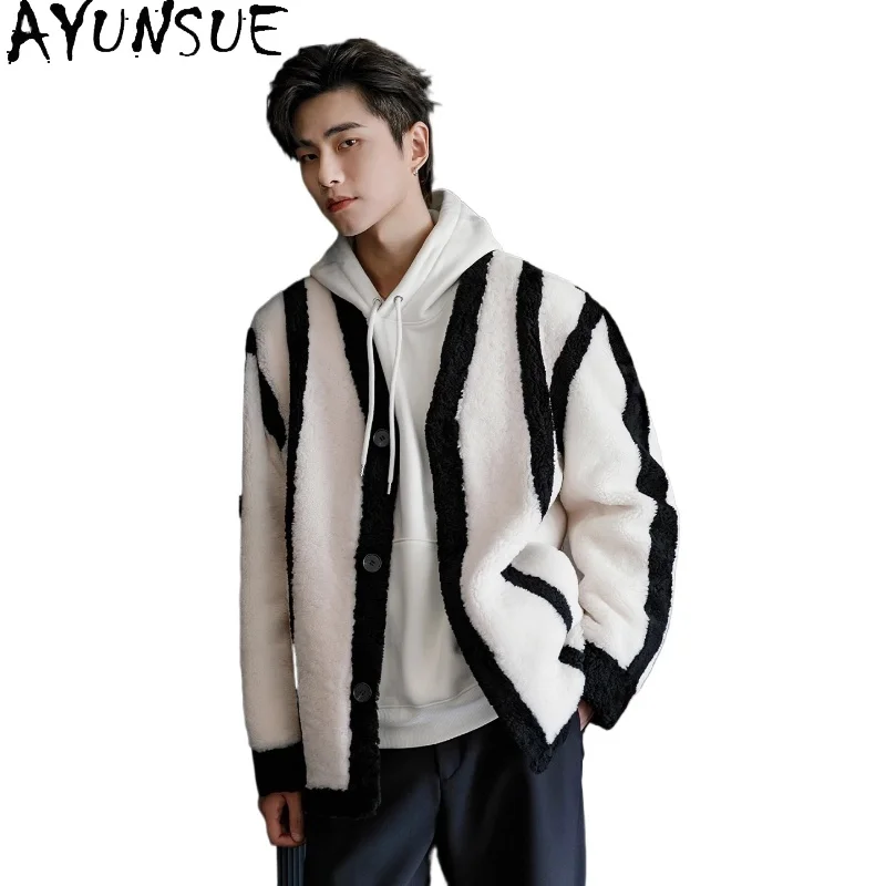AYUNSUE New Fashion Real Fur Coat Man Genuine Sheepskin Leather Jacket V-neck Chic Men's Natural Fur Coats Jackets Chaquetas