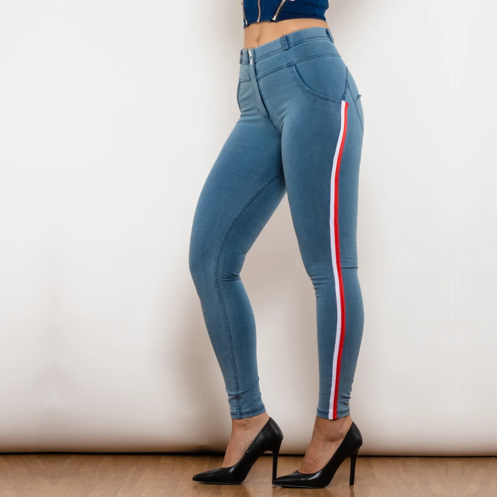 Shascull fites Melodie Seite gestreifte mittlere Taille Skinny Jeans Bum Lift Leggings Frau sexy Push-up Jeans Denim Bleistift hose