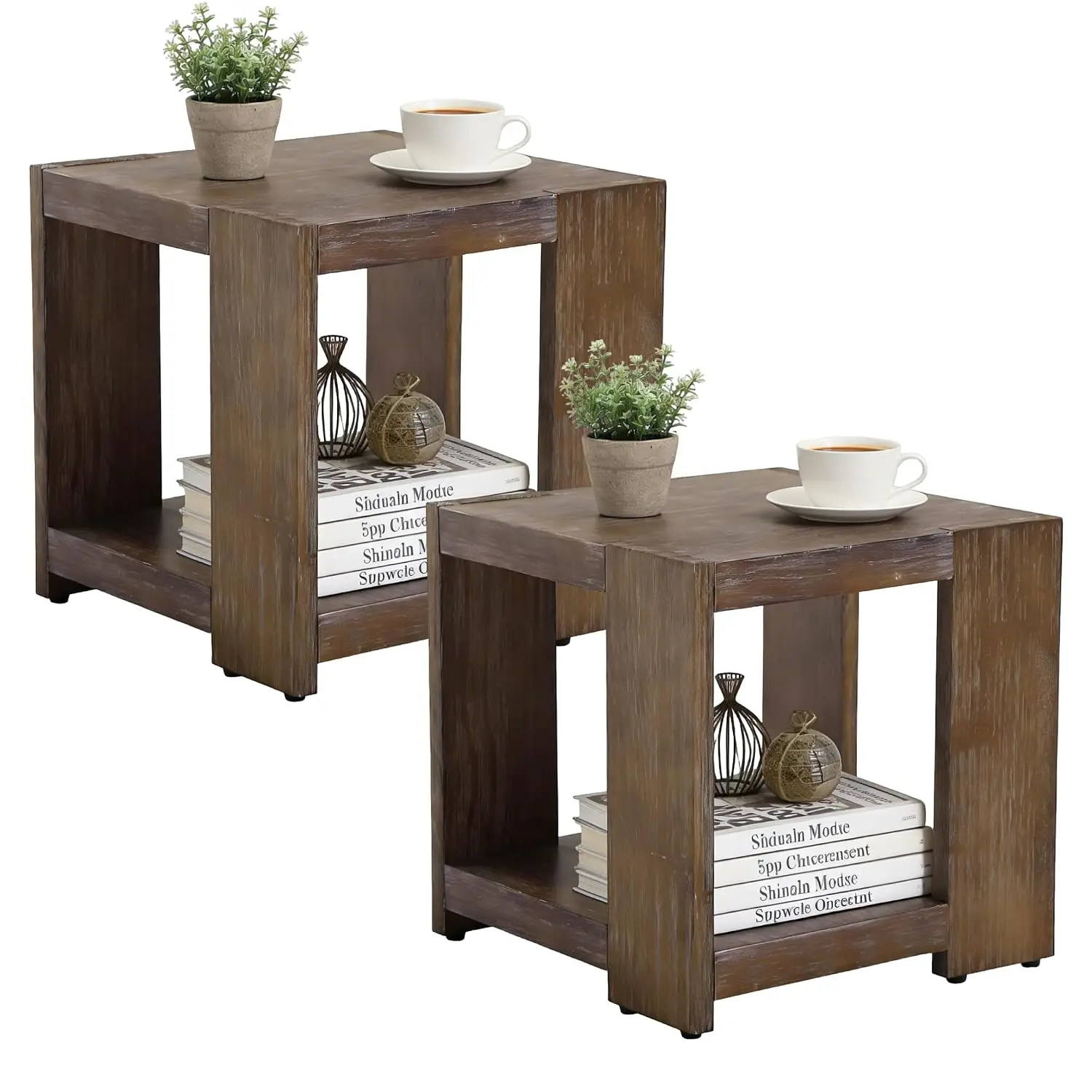 2-Tier Side Table Set of 2 Rectangular End Table Open Storage Farmhouse Accent Bedside Bedroom Brown, Customized