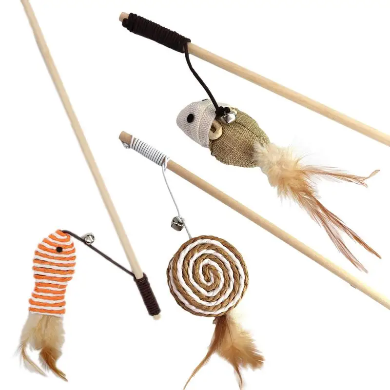 1pc Funny Cat Stick Teaser Feather Toy Kitten Colorful Rod Cat Wand Toys Wood Pet Cat Interactive Stick Rod Pet Cat Supplies