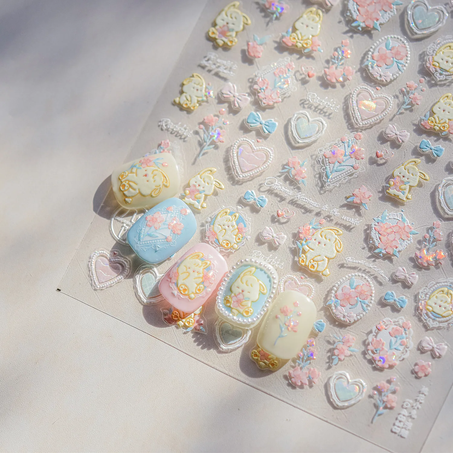 5D Cute Rabbit Love Heart Peach Blossom Flower Yellow Nail Art Stickers Bowknot DIY Self Adhesive Rhinestone Manicure Decals