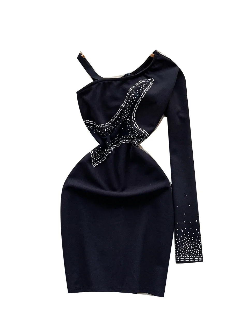 Foamlina menina high street chique indústria pesada fora do ombro suspender vestido de manga longa y2k quente diamante cintura vestidos apertados