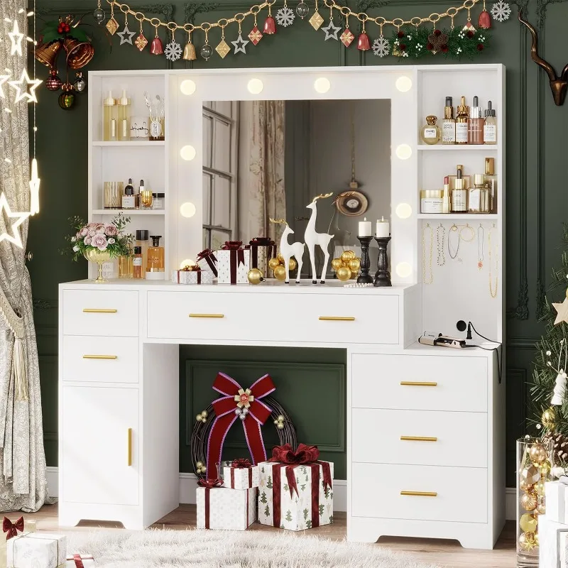 Large Vanity Desk with Lighted Mirror & Power Outlet, White Makeup Vanity Table with 6 Drawers, 4 Shelves and 1 Storage Cabinet