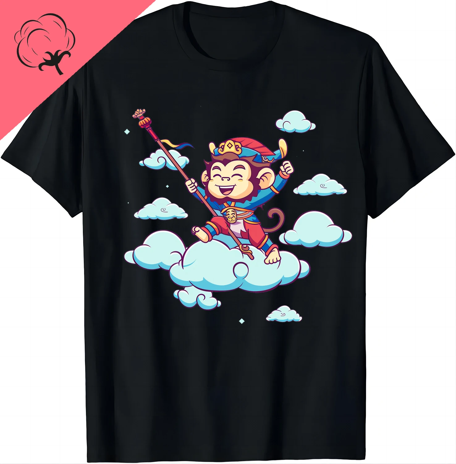 Cotton Adorable Cartoon Monkey Tee with Red Hat & Golden Robes Tshirt Sun Wukong Cartoon Design Tshirt  Graphic T Shirts