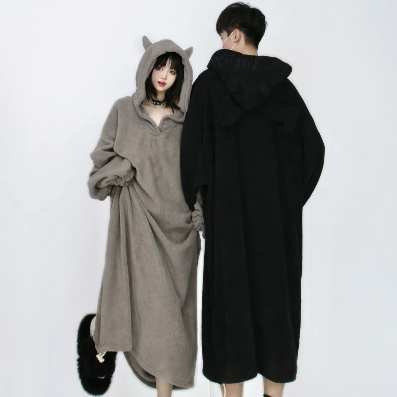 Nightgowns Women Hooded Coral Fleece Ankle-length Plus Velvet Thicker Warm Solid Loose Leisure Bedroom Loungewear Couple Winter