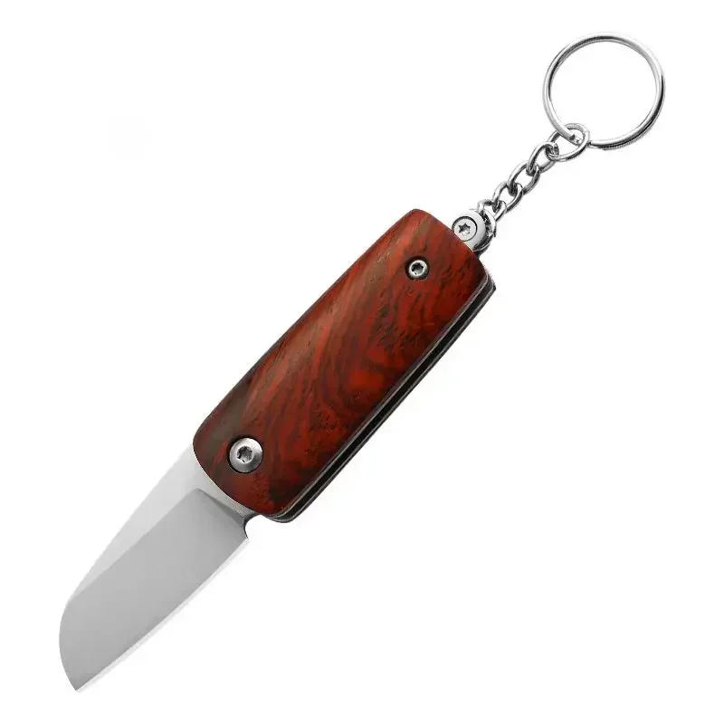 Portable Wooden Handle Folding Knife with Stainless Steel Blade, Keychain, Travel Camping Tools, Men\'s Gift Box