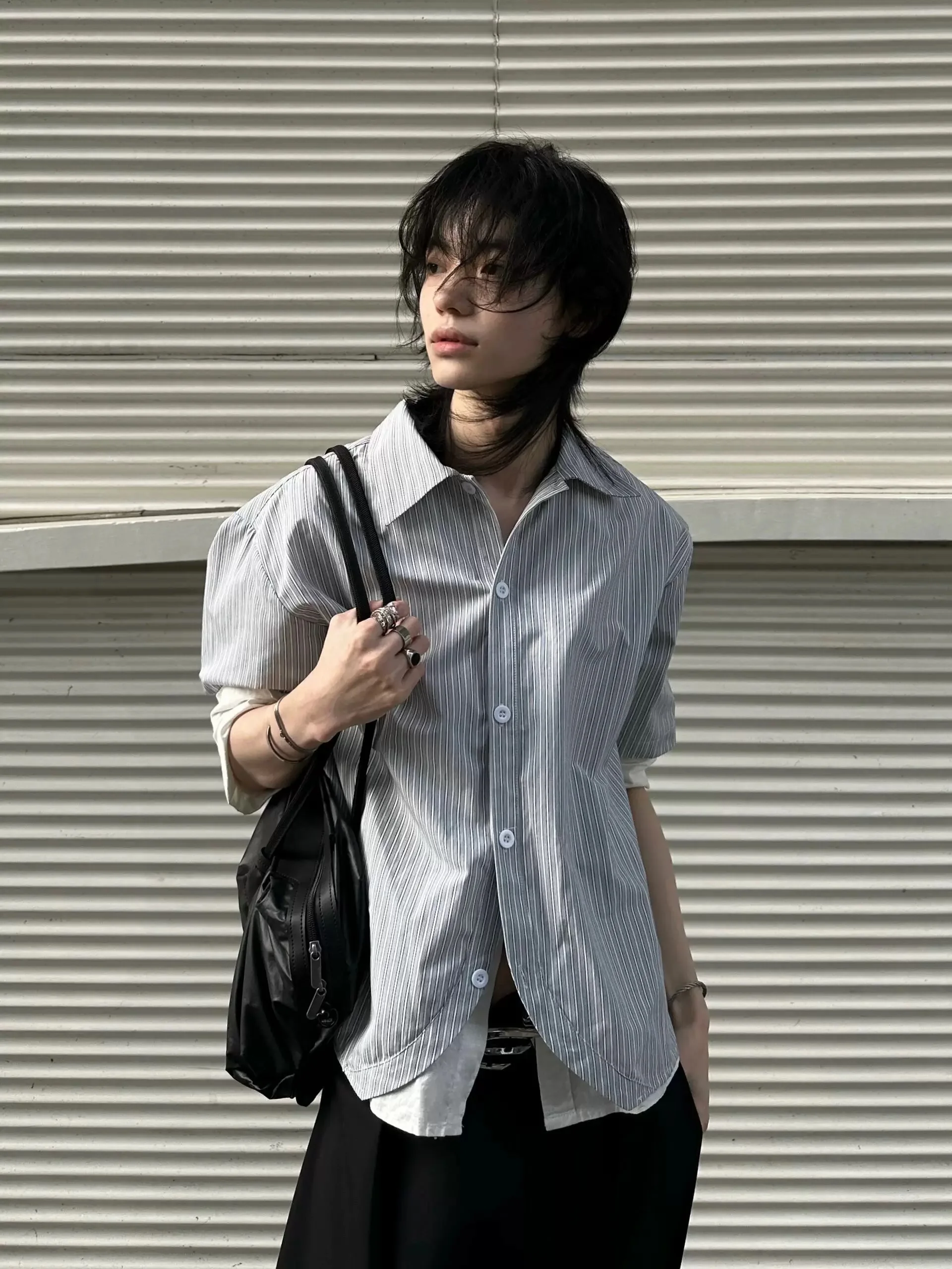 

Cleanfit Curved Hem Striped Short Sleeve Shirt T-Shirt Black White Blue Half Sleeve Top Loose Fit Button down Unisex Spring 2026