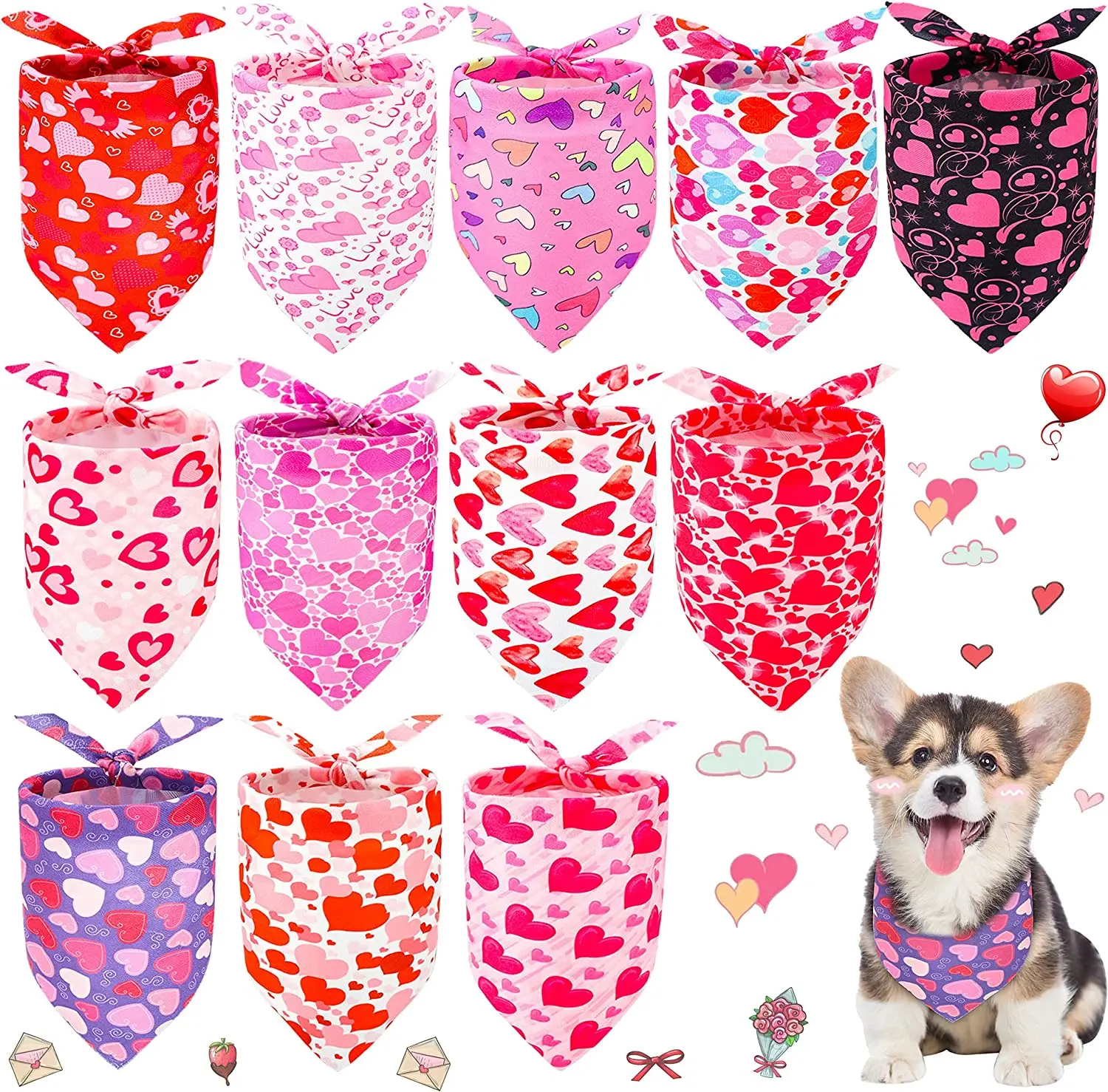 20 Packs MIX Valentine's Day Dog Bandanas Triangle Heart Triangle Bibs Scarf Bandana Neckerchief Scarf For Dogs Cats Pet