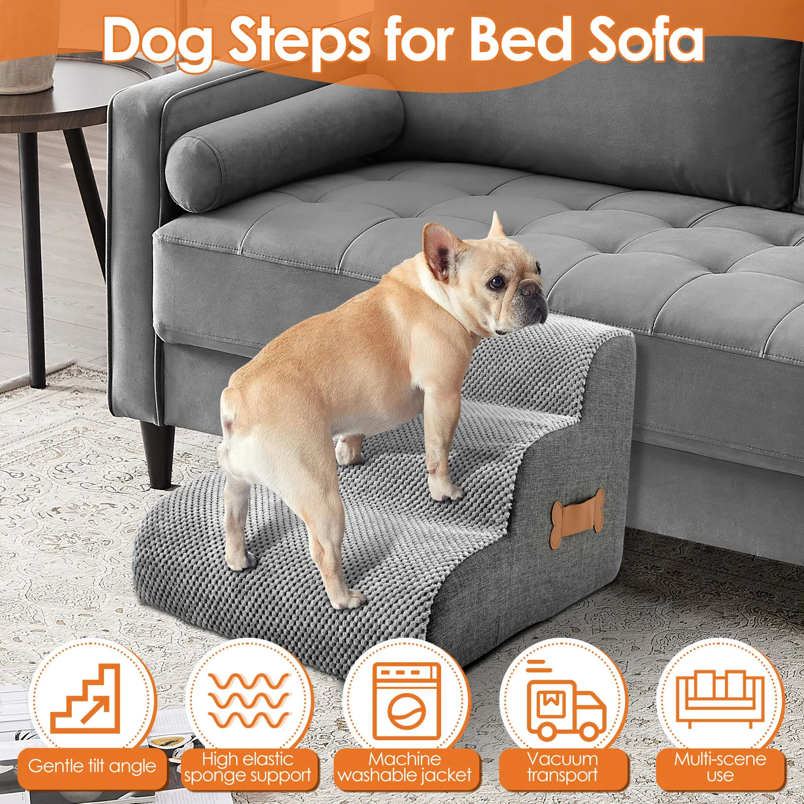 Curved Dog Stairs Ramp for High Beds and Sofa Climbing Pet Steps Nonslip Sponge Filling for Small Dogs and Cat