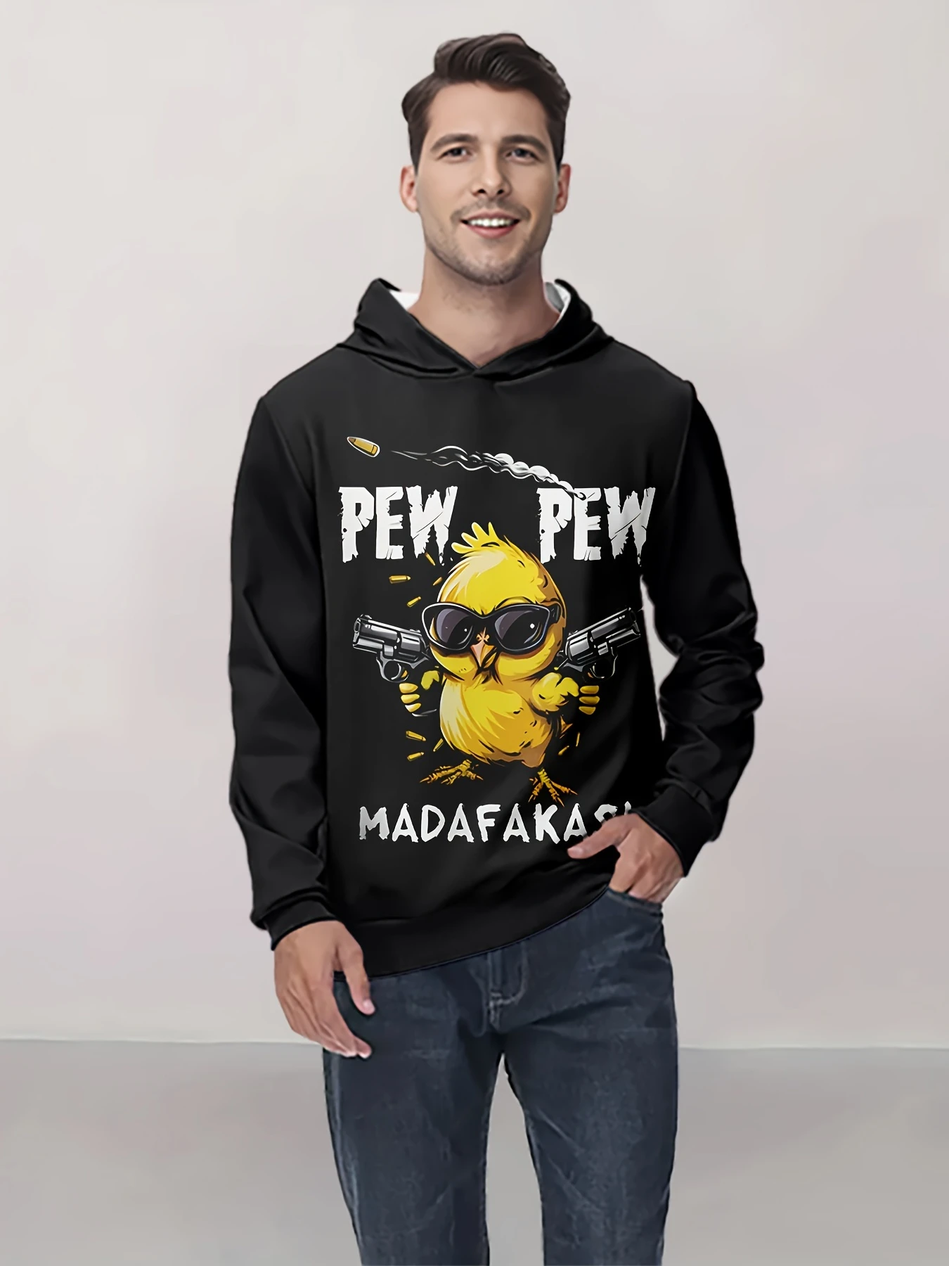Men Black Hooded Sweatshirt Cartoon Yellow Chick With Sunglasses Graphic Print Kangaroo Pocket Loose Casual Pullover Hoodie Kids