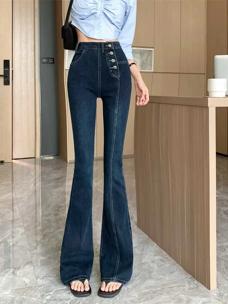 Women's Single Breasted High Waist Flare Jeans Summer Autumn Slim Long Boot Cut Denim Pants Ladies Streetwear Jeans