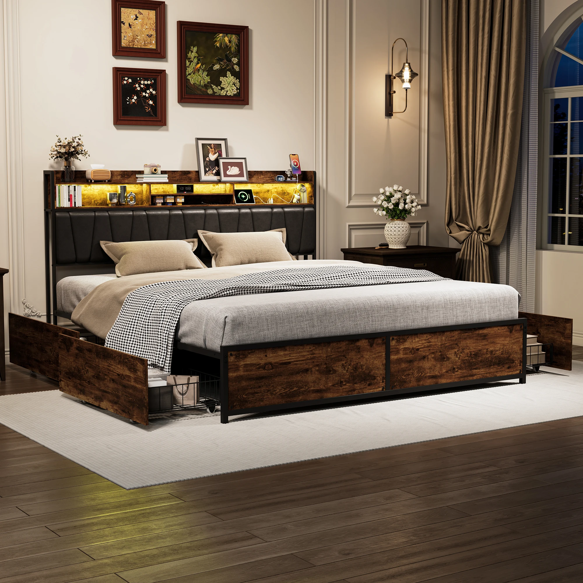 Metallbett 140 x 200 cm mit LED-Beleuchtung und Ladestation, Bettgestell mit Stauraum, Doppelbett mit 4 Schubladen, USB-A & USB-C Jugendbett mit Metall-Lattenrost, Betten für das Schlafzimmer, ohne