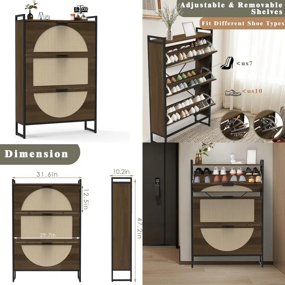 ตู้เก็บรองเท้าแบบตั้งพื้นขาเหล็ก พร้อมลิ้นชักแบบพับได้ 3 ชั้น สำหรับทางเข้าบ้าน ที่เก็บรองเท้าแบบซ่อน