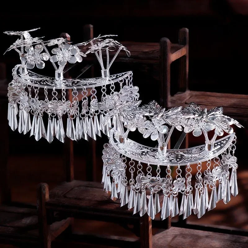 Silber chinesische Miao Haarnadel Zubehör ethnische Minderheit Quaste Kopfschmuck Vintage Prinzessin Cosplay Kopfbedeckung