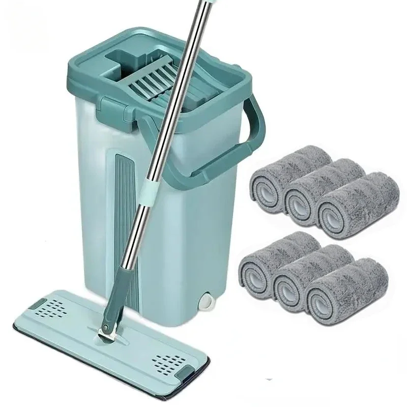 Flat Squeeze Mop with Bucket Hand Free Wringing Floor Cleaning Mop Microfiber Mop Pads Wet or Dry Usage on Hardwood Laminate