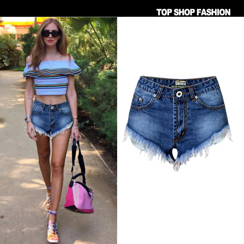 

Sexy High Waist Women's Denim Shorts with Fringe Details Lengthening Legs Effect Summer Fashion Vintage Style Deep Color Zipp...