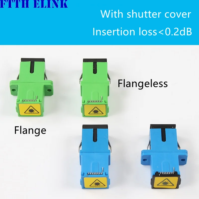 

SC fiber optic adapter, shuttered flange, flangeless APC FTTH coupler with open dust shutter, green blue 0.2db, 100pcs