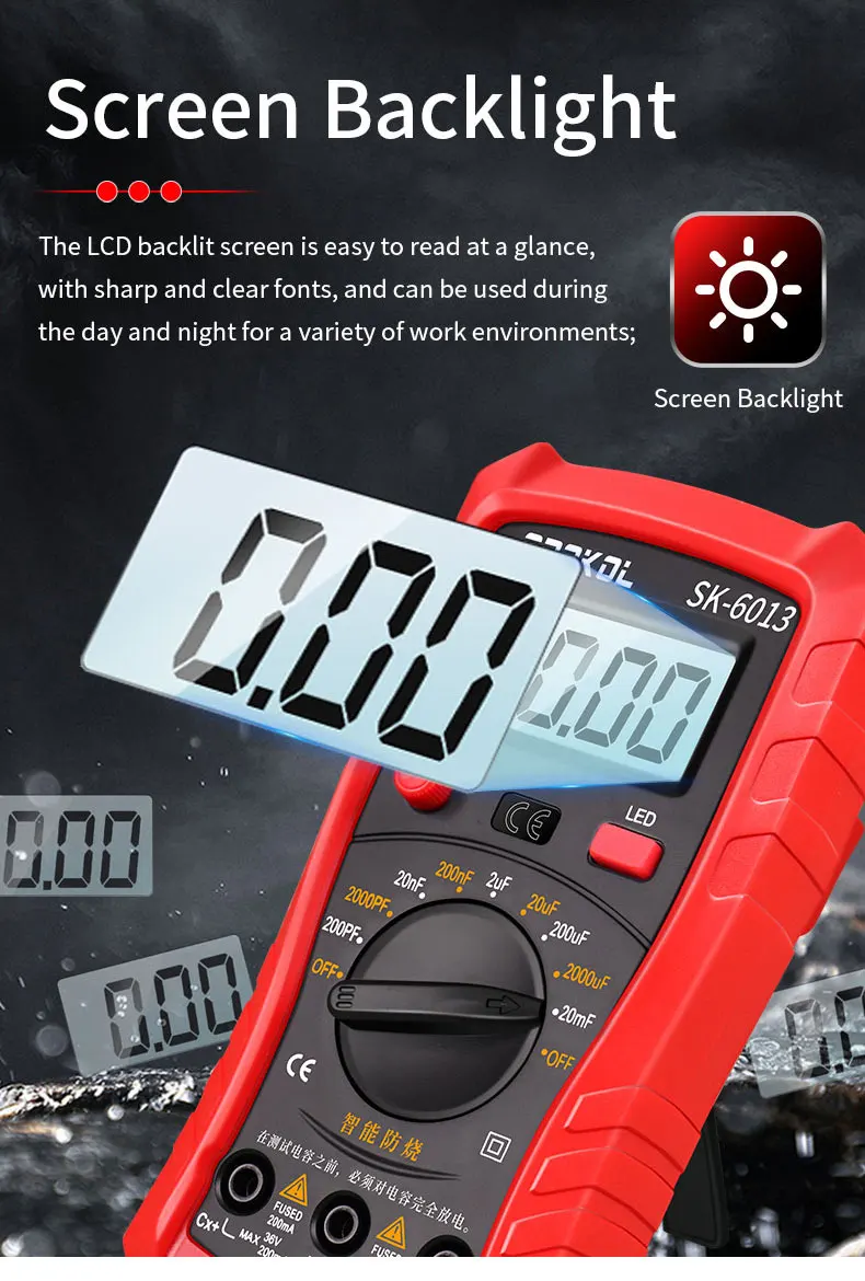 SK-6013 Digitales Kapazitätsmessgerät, professionelles Kapazitätsmessgerät, 20.000 uf, Kondensatortester, 1999, Zählungen, Elektriker-Multimeter – Detail 6