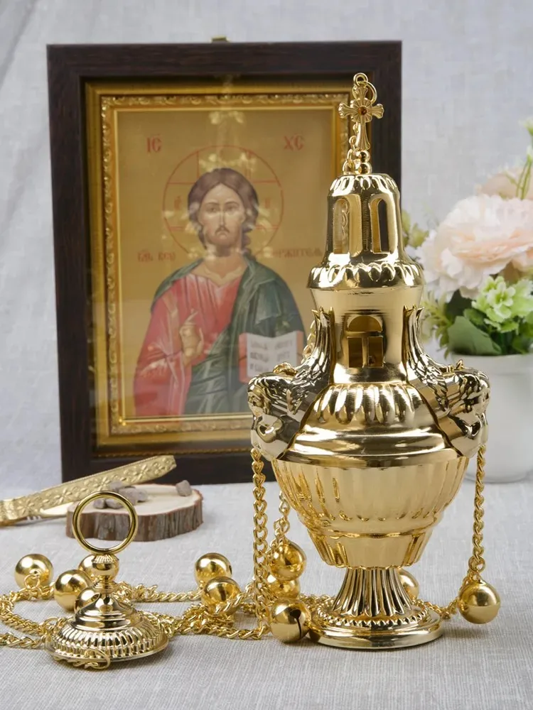 HTISOK Orthodoxes Räuchergefäß mit Kette und Glocken aus Zinklegierung, vergoldet, für Kirchenaltarzeremonien, mit traditionellem Design. – Detail 4