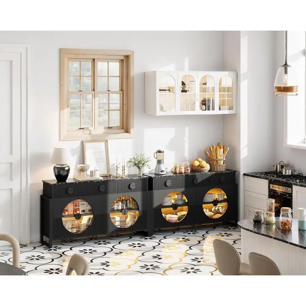 

63 Marble Top Buffet Sideboard with Storage, Coffee Bar, Wine Rack for Kitchen or Living Room in Black