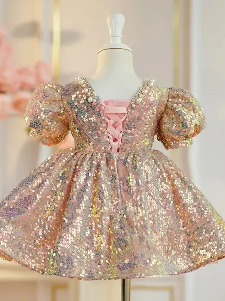 High-End Kids Catwalk Princess Ball Gown Wedding Birthday Party Girls Sequined Dress