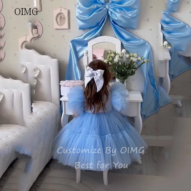 OIMG Shiny Blue Ball Flower Girl Dresses O Neck Princess Gown Wedding Party Dress Knee Length Princess Birthday Dress Customized