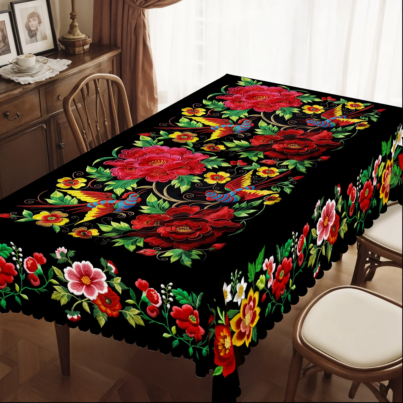 1 Piece, Vibrant Mexican Style Colorfulful Flower Tablecloth + 4 Pieces of Self-Adhesive, Flower Pattern Printing, Embossed Edge, Suitable for Home Kitchen Room Decoration, Party Holiday Decoration Tablecloth, Perfect Gift, Spring, Summer and Autumn Decorative Tablecloth, Perfect for Indoor/Outdoor Dining, Picnic and Home Decoration-199