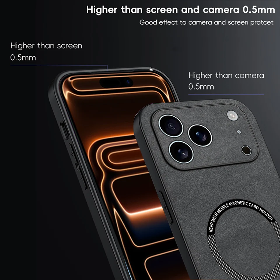 Funda de cuero con Magsafe a prueba de golpes para iPhone 17 16 15 14 13 12 11 Pro Max 16e Plus Air Carga inalámbrica magnética 5