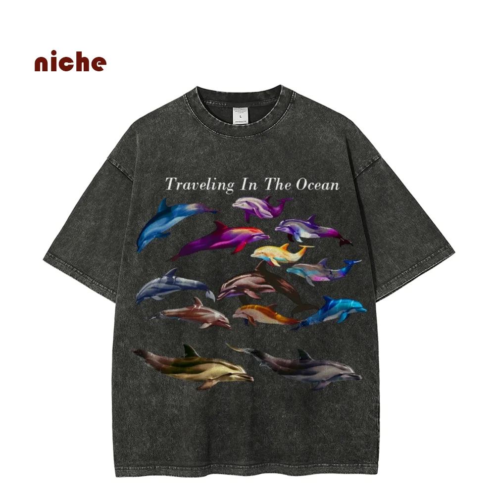 Color Laser Dolphin Print T-Shirt Retro Designer New Round Neck Shoulder Down Fashion Trend High Gram Weight Short Sleeves