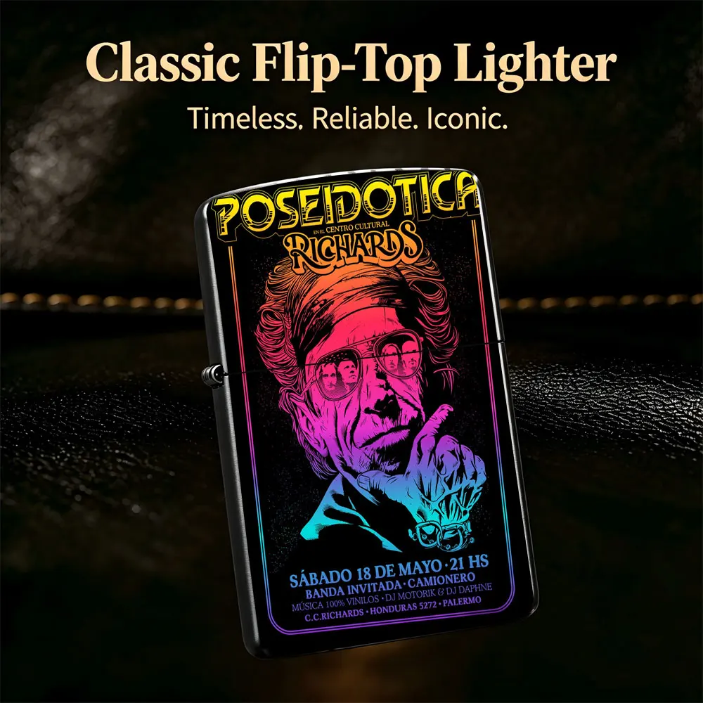 Pocket Lighter, Flip-Top Windproof Design, Metal Shell, Concert Poster Art with Smoking Man, Ergonomic Grip, Portable & Refillable, Durable