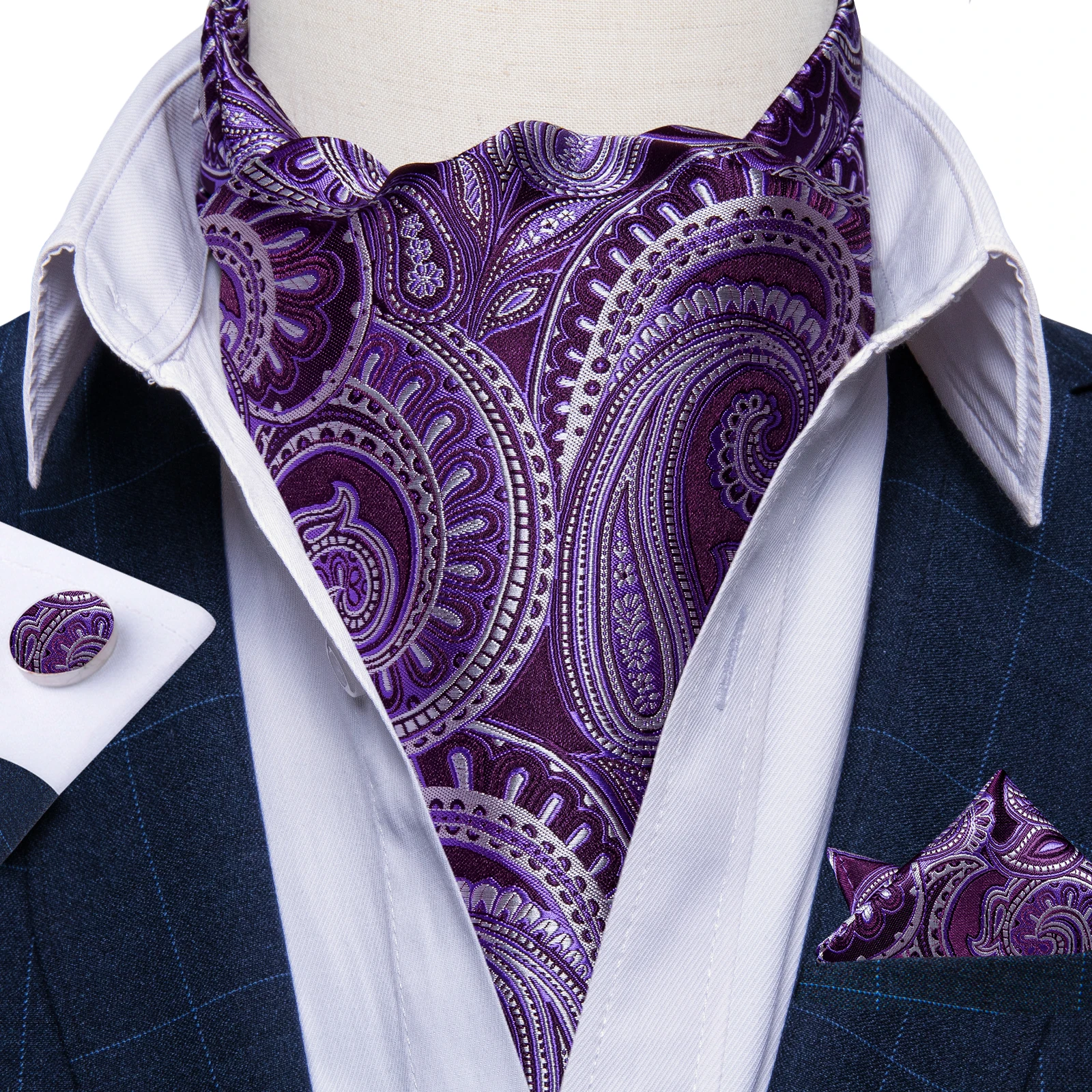 Novalty British Purple Paisley Men's Formal Ascot Silk Luxury Pocket Square Cufflinks Set for Wedding Business Party Gentleman