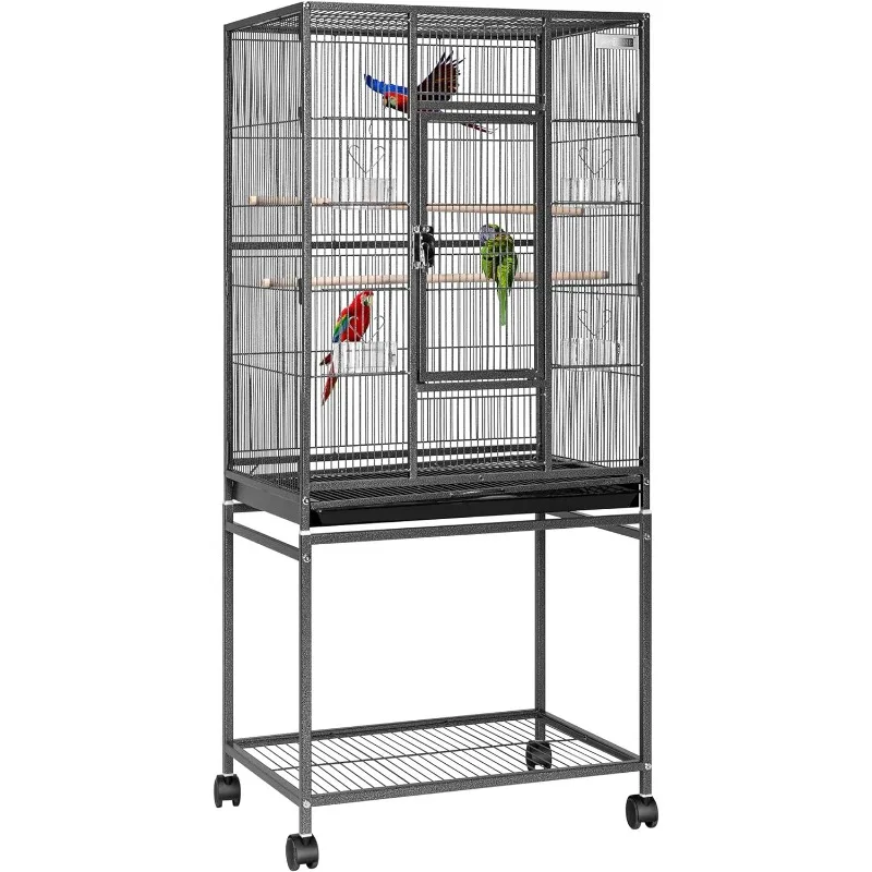 

54 Inch Wrought Iron Large Bird Flight Cage with Rolling Stand for Parakeets Canaries Cockatiels Lovebirds Conures, Black