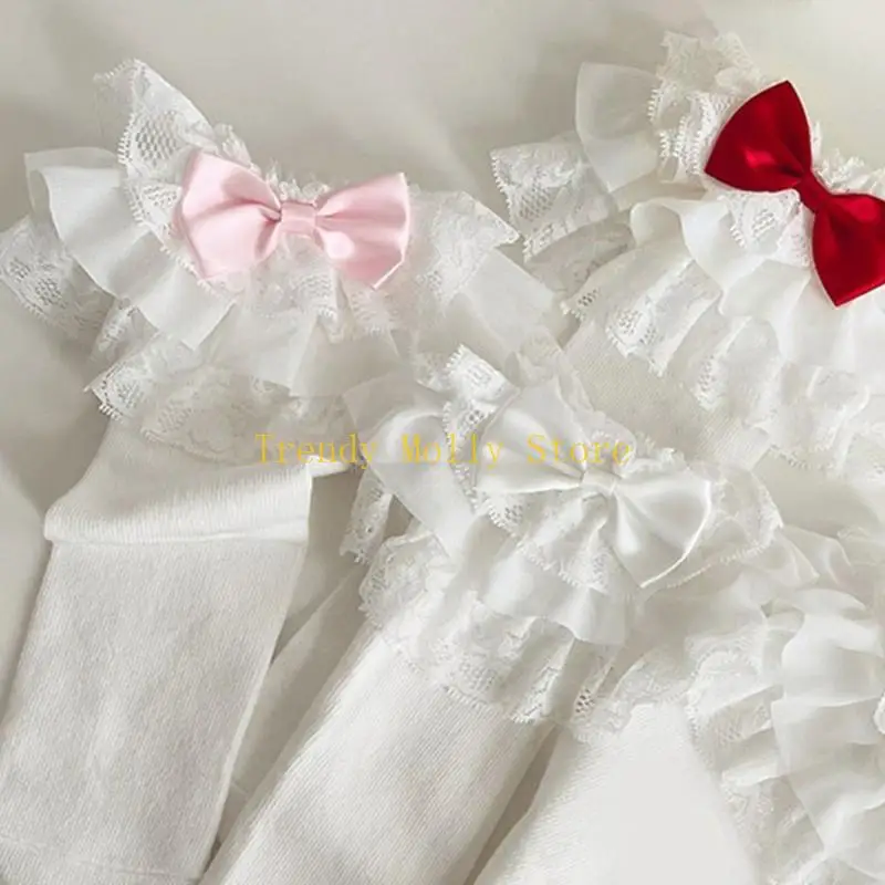 N5kb enfants bébé filles gothiques genoue hautes chaussettes vintage multi-couches en dentelle à volants doux bonbons