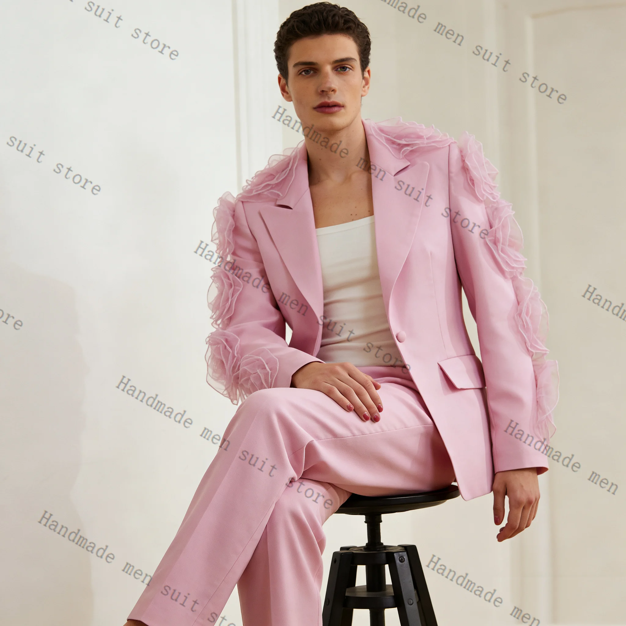 

Pink Flower Men Suit Set 2 Piece Blazer+Pants Spring Cotton Prom Wedding Tuxedos Coat Customized Formal Office Fashion Jacket