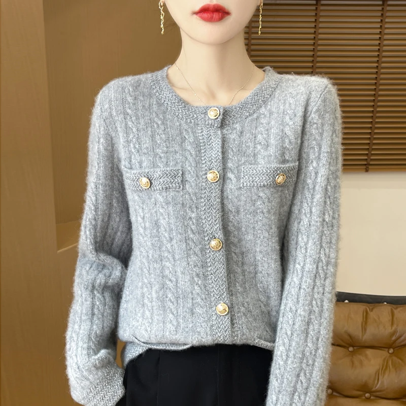 Women\'s Cardigan Autumn/Winter 100% Pure Wool Sweater Casual Knitted Sweater Round Neck Loose Tops All-match Button Blouse