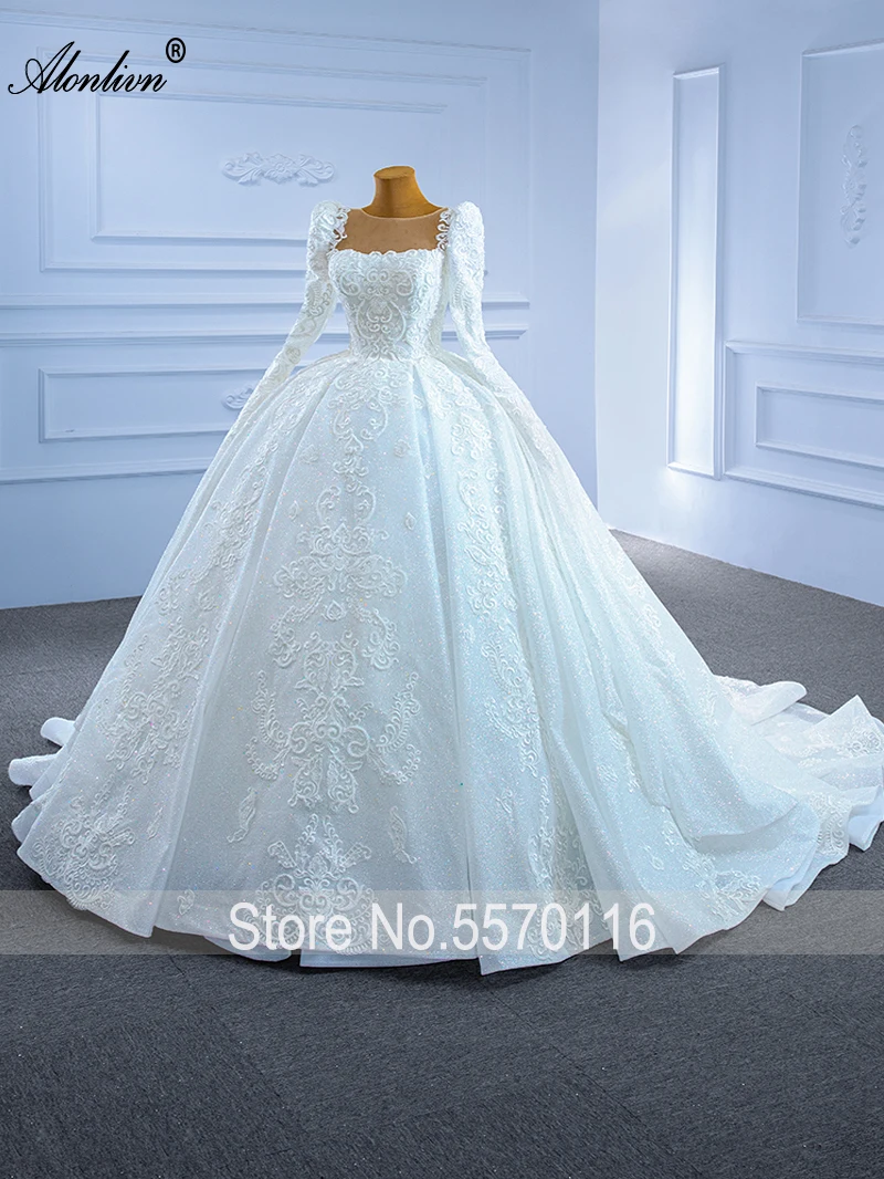 Alonlivn Real Photo Full Sleeves Ball Gown Wedding Dresses With Beading Pearls Embroidery Appliques Lace Princess Bridal Skirts